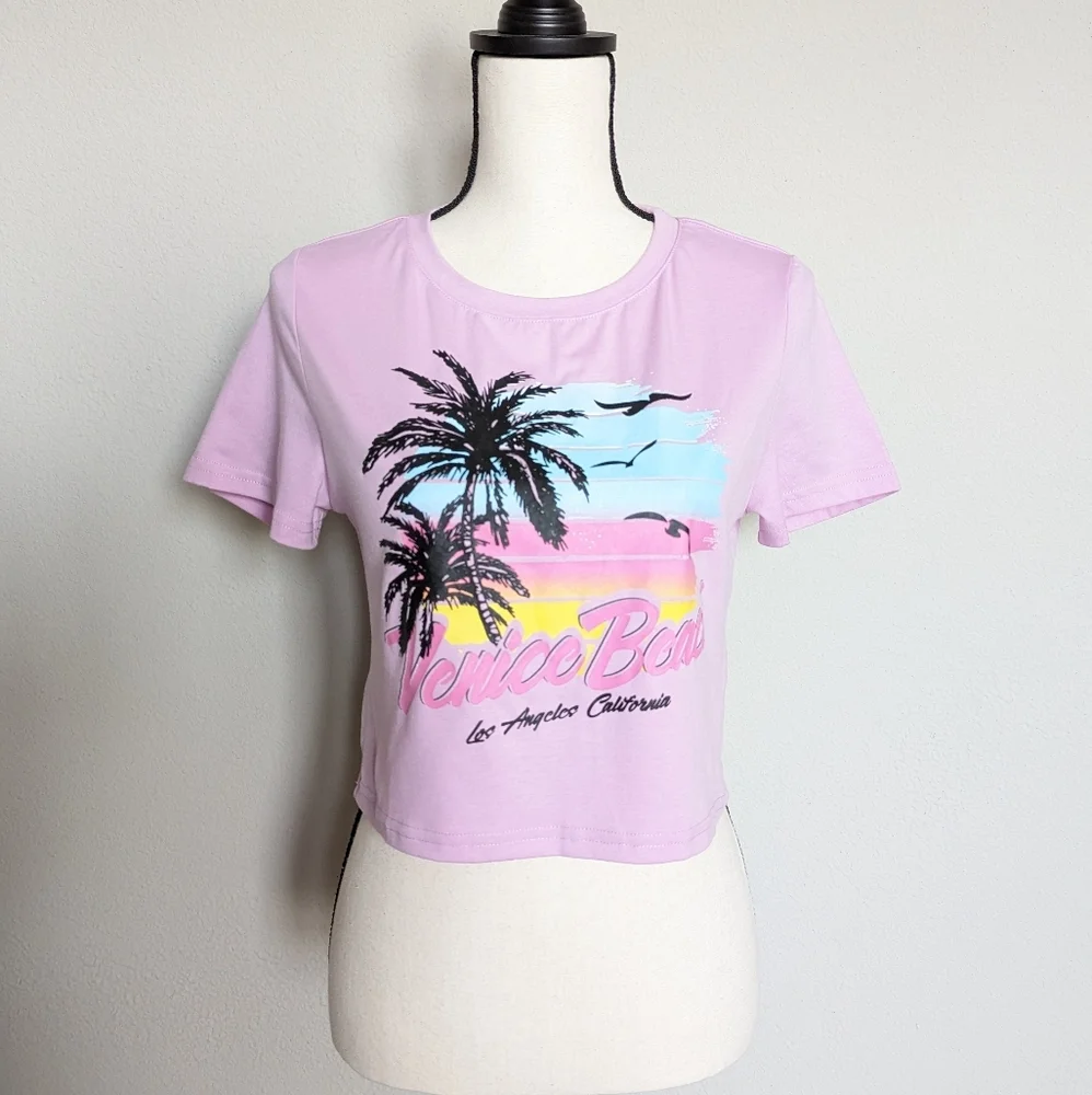 Venice Beach pastel purple pink yellow and blue graphic cropped tee size L - Picture 1 of 8